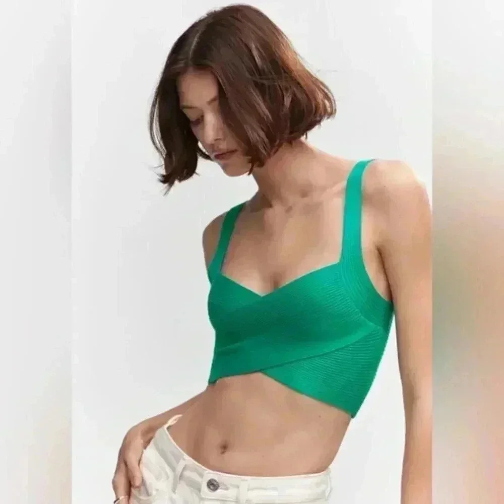 Mango (MNG) Ribbed Green Crop Top - Medium